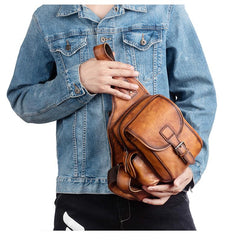 Tan Leather Sling Bag Chest Bag Sling Crossbody Bag Sling Travel Bags Sling Hiking Bag For Men