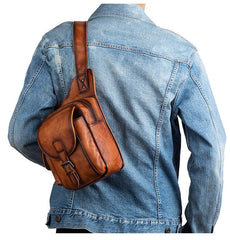 Tan Leather Sling Bag Chest Bag Sling Crossbody Bag Sling Travel Bags Sling Hiking Bag For Men