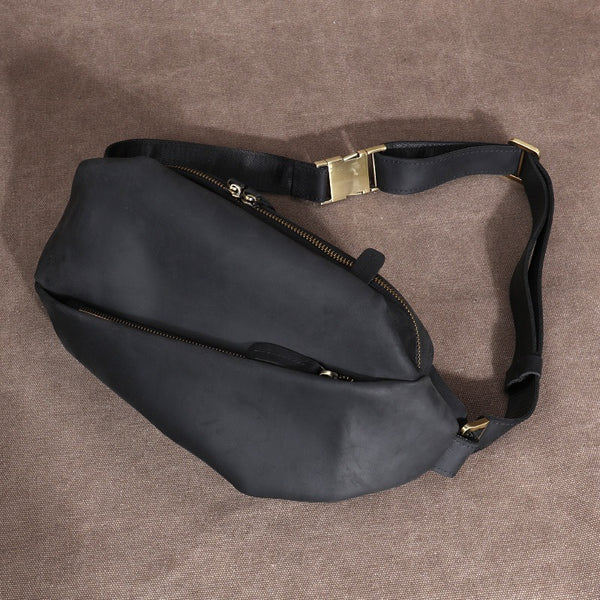 Black Leather Sling Bag Cool Waist Bags Mens Fanny Packs Chest Pack Bum Bags for Men