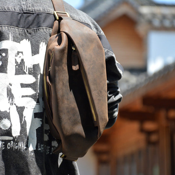 Bum Bags for Men Dark Brown Leather Sling Bag Cool Waist Bags Mens Fanny Packs Chest Pack 