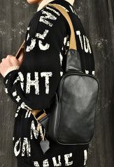 Black Leather Sling Bag Mens Minimalist Leather Sling Pack Cool Sling Crossbody Packs For Men