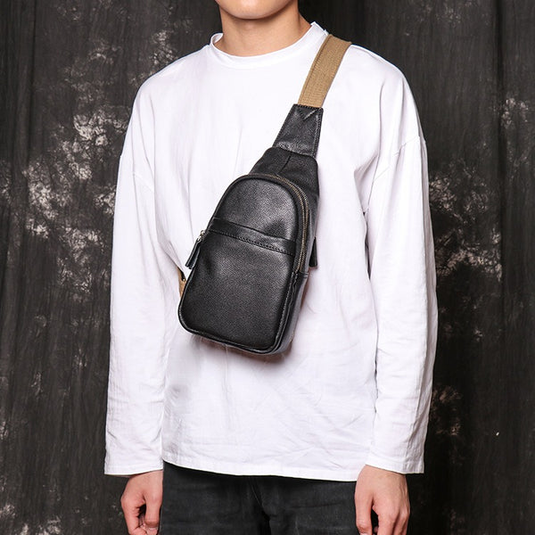 Black Leather Sling Packs Chest Bag Leather Sling Bag Sling Crossbody Packs Travel Bag For Men