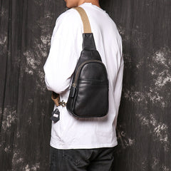 Black Leather Sling Packs Chest Bag Leather Sling Bag Sling Crossbody Packs Travel Bag For Men