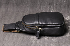 Black Leather Sling Packs Chest Bag Leather Sling Bag Sling Crossbody Packs Travel Bag For Men