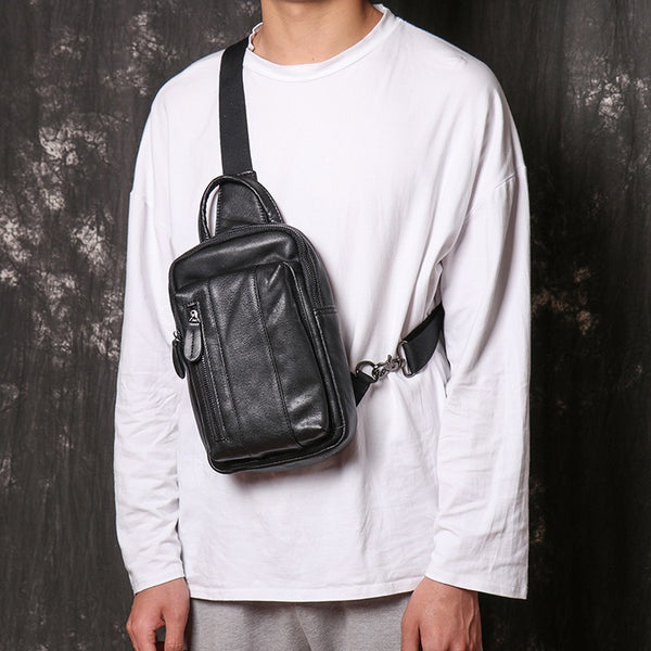 Black Leather Sling Packs Sling Bag Chest Bags Leather Sling Crossbody Pack Travel Bags For Men