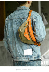 Black Leather&Canvas Men Fanny Pack Waist Bags Fanny Bag Black Hip Bag Bum Pack For Men
