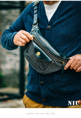 Black Leather&Canvas Men Fanny Pack Waist Bags Fanny Bag Black Hip Bag Bum Pack For Men