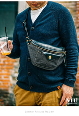 Black Leather&Canvas Men Fanny Pack Waist Bags Fanny Bag Black Hip Bag Bum Pack For Men