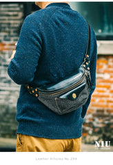 Black Leather&Canvas Men Fanny Pack Waist Bags Fanny Bag Black Hip Bag Bum Pack For Men
