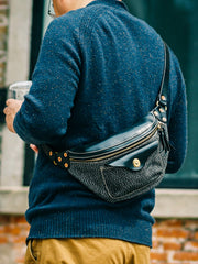 Black Leather&Canvas Men Fanny Pack Waist Bags Fanny Bag Black Hip Bag Bum Pack For Men