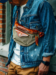 Black Leather&Canvas Men Fanny Pack Waist Bags Fanny Bag Black Hip Bag Bum Pack For Men