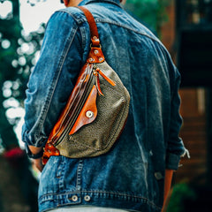 Black Leather&Canvas Men Fanny Pack Waist Bags Fanny Bag Black Hip Bag Bum Pack For Men