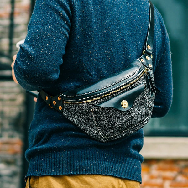 Black Leather and Canvas Men Fanny Pack Waist Bags Fanny Bag Black Hip Bag Bum Pack For Men