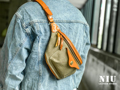 Black Leather&Canvas Men Fanny Pack Waist Bags Fanny Bag Black Hip Bag Bum Pack For Men