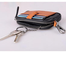 Black Brown Leather Mens Front Pocket Wallet Cool Small Zipper Card Wallet Key Wallet For Men - iwalletsmen