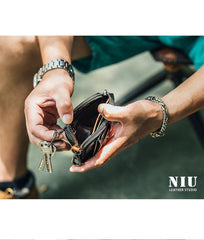 Black Brown Leather Mens Front Pocket Wallet Cool Small Zipper Card Wallet Key Wallet For Men - iwalletsmen