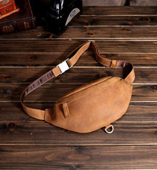 Coffee Mens Fanny Pack Leather Bum Bag Black Hip Pack Coffee Chest Bag For Men