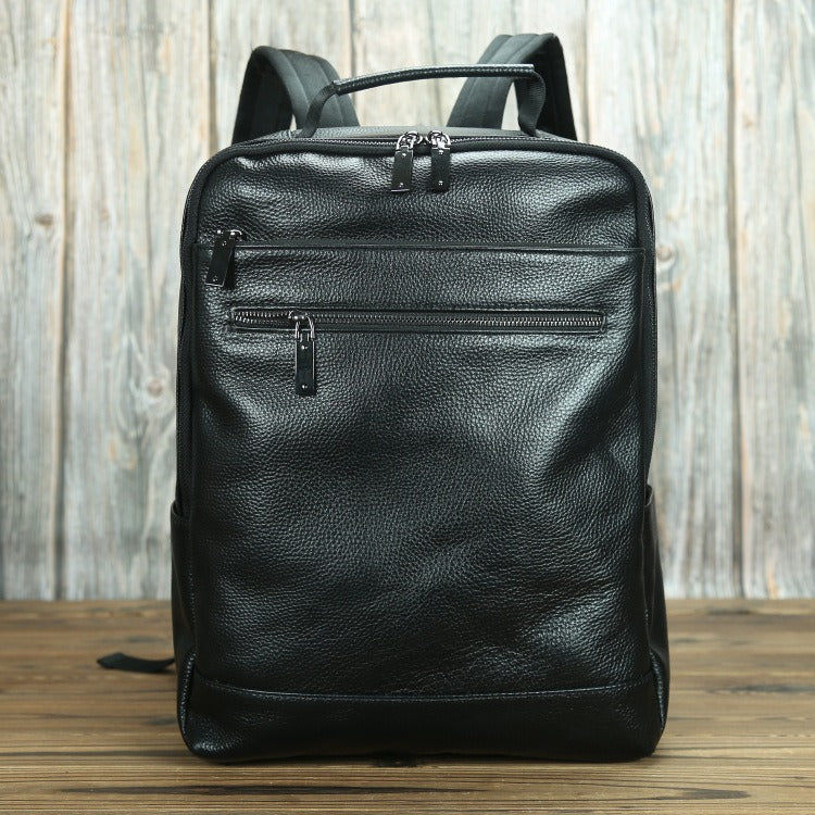 Black Mens Leather 14'' Laptop Backpack School Backpack Black Travel Backpack for Men