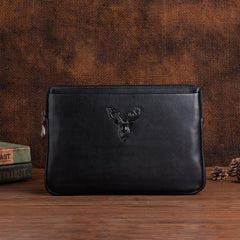 Black Mens Leather Clutch Reindeer Wristlet Wallet Zipper Wallet Clutch for Men