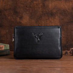 Black Mens Leather Clutch Reindeer Wristlet Wallet Zipper Wallet Clutch for Men