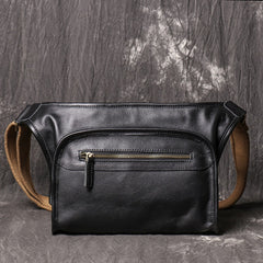 Black Mens Leather Fanny Pack Belt Bag Side Bag Black Crossbody Bag For Men