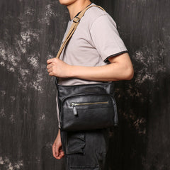 Black Mens Leather Fanny Pack Belt Bag Side Bag Black Crossbody Bag For Men