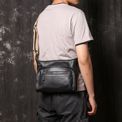 Black Mens Leather Fanny Pack Belt Bag Side Bag Black Crossbody Bag For Men