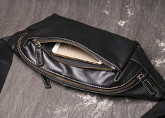 Black Mens Leather Fanny Pack Bum Bag Black Sling Bag Black Chest Bag For Men