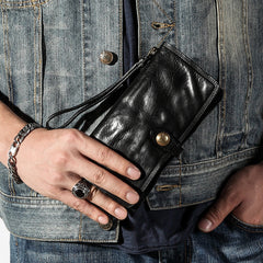 Black Mens Long Wallet Leather Bifold Wallet Men Wristlet Wallet Biker Wallet for Men