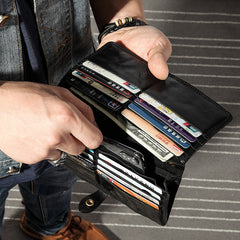 Black Mens Long Wallet Leather Bifold Wallet Men Wristlet Wallet Biker Wallet for Men