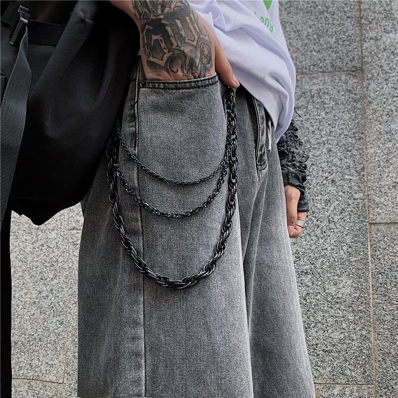 Black Metal WALLET CHAIN Triple LONG PANTS CHAIN Black Jeans Chain