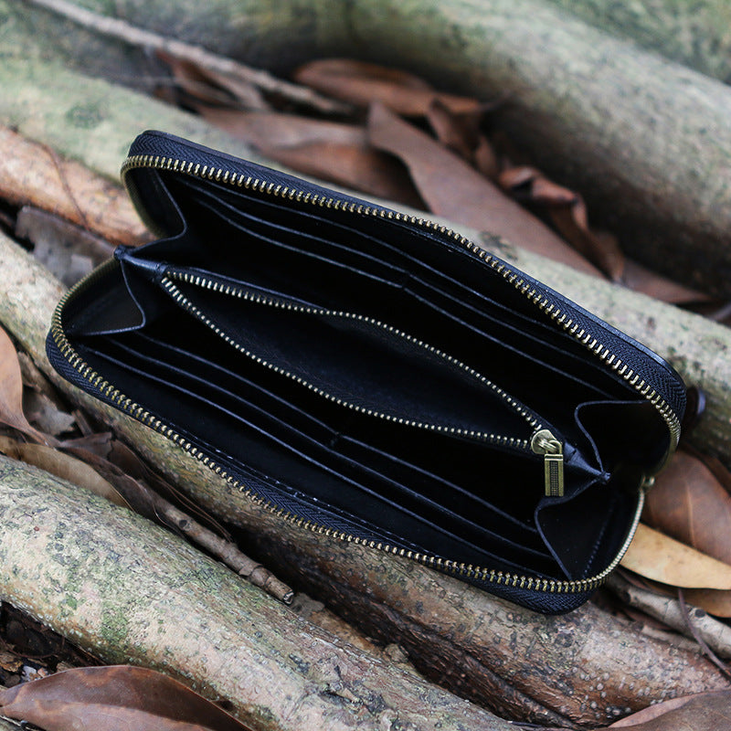 Black tooled buddha leather wallet handmade zipper long wallets for me