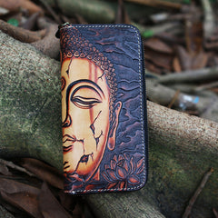 Black Tooled Buddha Leather Wallet Handmade Zipper Long Wallets For Men