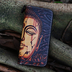 Black Tooled Buddha Leather Wallet Handmade Zipper Long Wallets For Men
