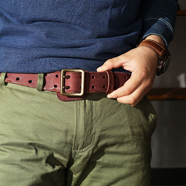 Black Washed Denim Leather Double Pins Belt Mens Red Brown Belt Men Brown Belt for Men - iwalletsmen