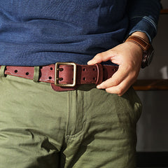 Black Washed Denim Leather Double Pins Belt Mens Red Brown Belt Men Brown Belt for Men - iwalletsmen