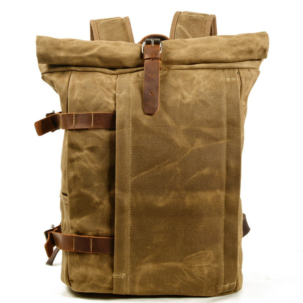 Khaki Waxed Canvas Travel Backpack Canvas Mens Laptop Rollup Backpack Hiking Backpack For Men - iwalletsmen