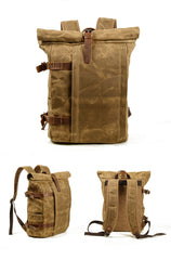 Khaki Waxed Canvas Travel Backpack Canvas Mens Laptop Rollup Backpack Hiking Backpack For Men - iwalletsmen
