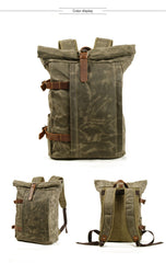 Khaki Waxed Canvas Travel Backpack Canvas Mens Laptop Rollup Backpack Hiking Backpack For Men - iwalletsmen