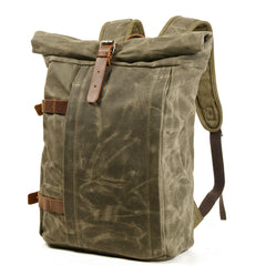 Khaki Waxed Canvas Travel Backpack Canvas Mens Laptop Rollup Backpack Hiking Backpack For Men - iwalletsmen