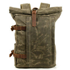 Army Green Waxed Canvas Travel Backpack Canvas Mens Laptop Rollup Backpack Hiking Backpack For Men - iwalletsmen