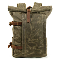 Khaki Waxed Canvas Travel Backpack Canvas Mens Laptop Rollup Backpack Hiking Backpack For Men - iwalletsmen