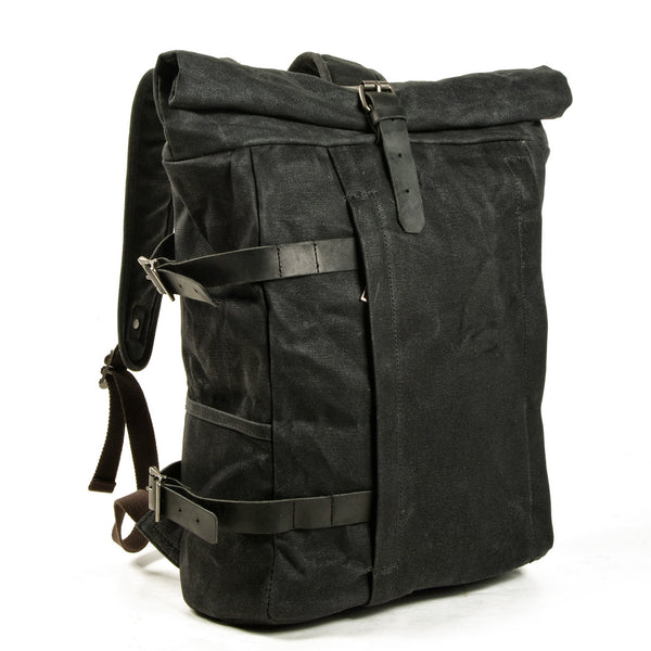 Black Waxed Canvas Travel Backpack Canvas Mens Laptop Rollup Backpack Hiking Backpack For Men - iwalletsmen