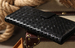 Black Braided Leather Mens Long Leather Wallet Bifold Wallet for Men - iwalletsmen
