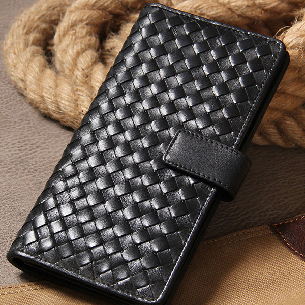 Black Braided Leather Mens Long Leather Wallet Bifold Wallet for Men - iwalletsmen