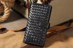 Black Braided Leather Mens Long Leather Wallet Bifold Wallet for Men - iwalletsmen