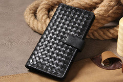 Black Braided Leather Mens Long Leather Wallet Bifold Wallet for Men - iwalletsmen