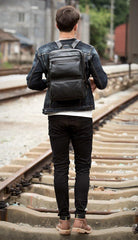 Cool Black Mens Leather 14 inches Computer Backpack College Backpacks School Backpack for men - iwalletsmen