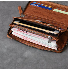 Black Leather Mens Long Wallet Zipper Brown Clutch Phone Wallet For Men - iwalletsmen