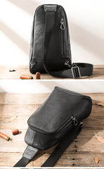 Black Cool Leather Mens Sling Bag Chest Bag Black One Shoulder Backpack Sling Pack for Men - iwalletsmen